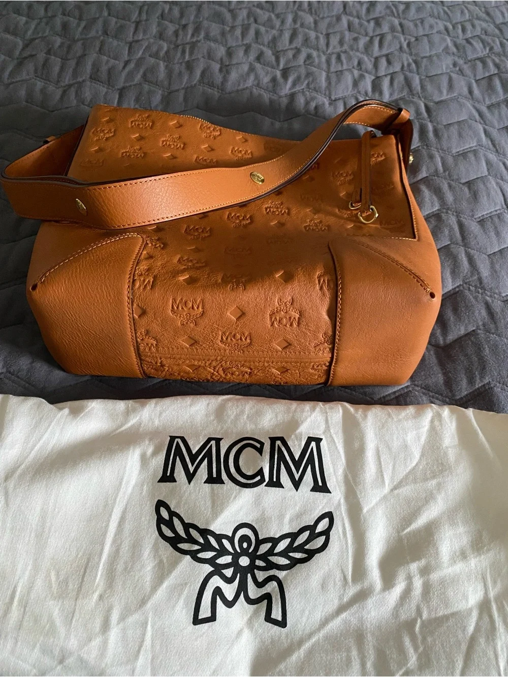 MCM Cognac Embossed Visetos Leather Shoulder Tote